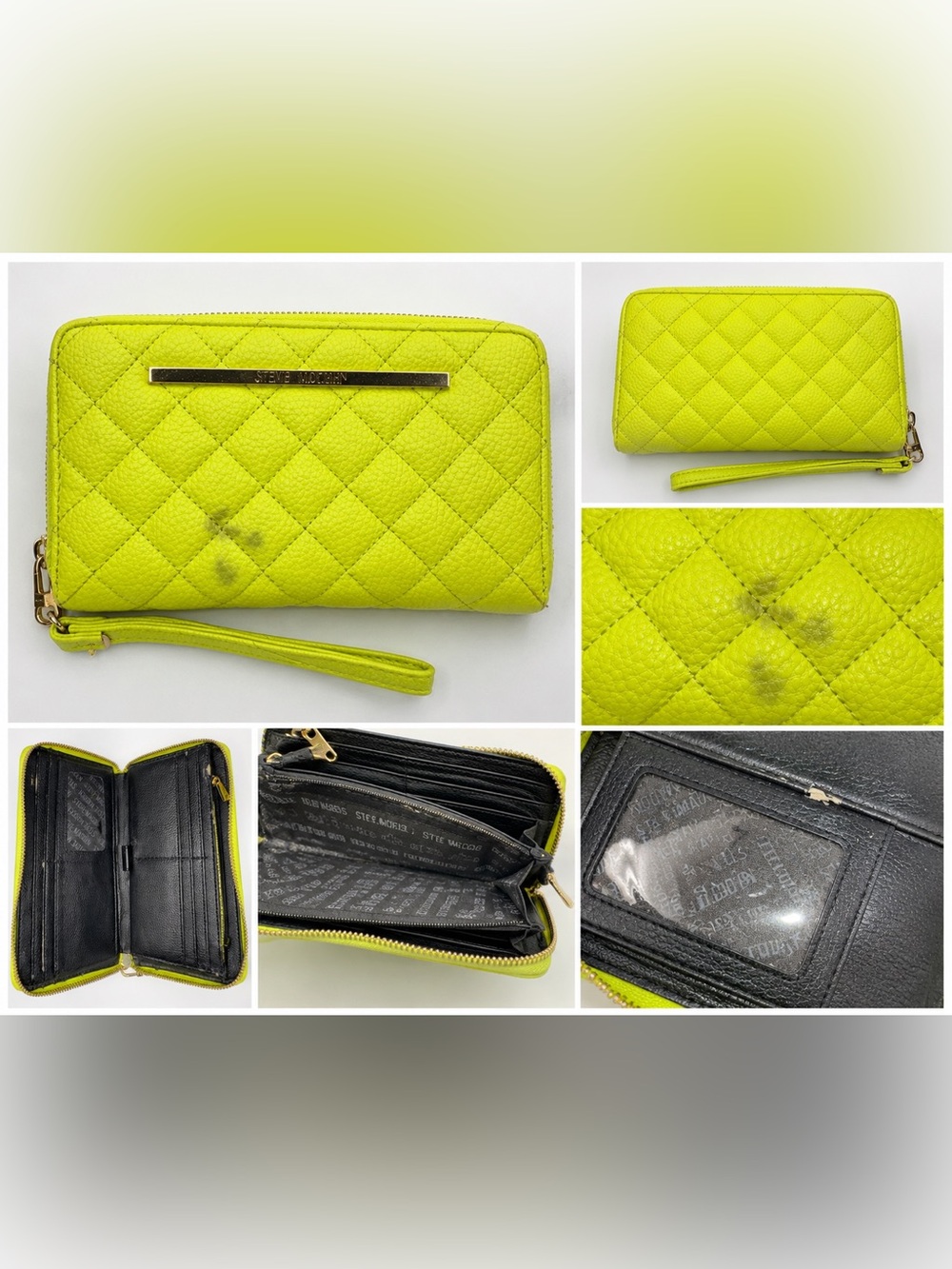 Steve Madden Neon Yellow Quilted Zip Around Wallet Wristlet